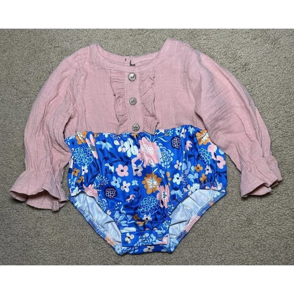 Marie Nicole Floral Long Sleeve Bubble, Pink And Blue, Size 3-6m‎